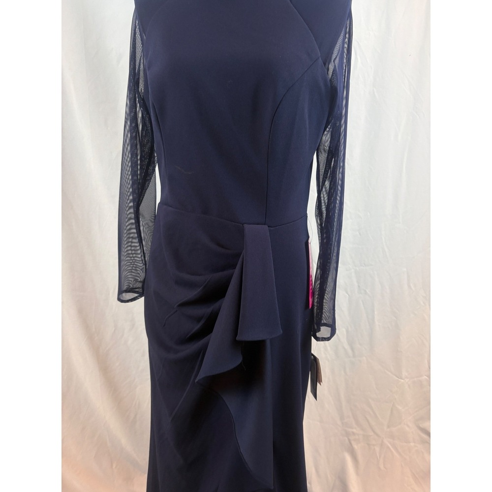 Betsy & Adam Navy Blue Mesh Sleeve Ruffle Front Slit Gown Dress Size‎ 12 NEW